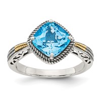 Shey Couture Sterling Silver Ring with 14K Accent Antiqued Cushion Blue Topaz view 1
