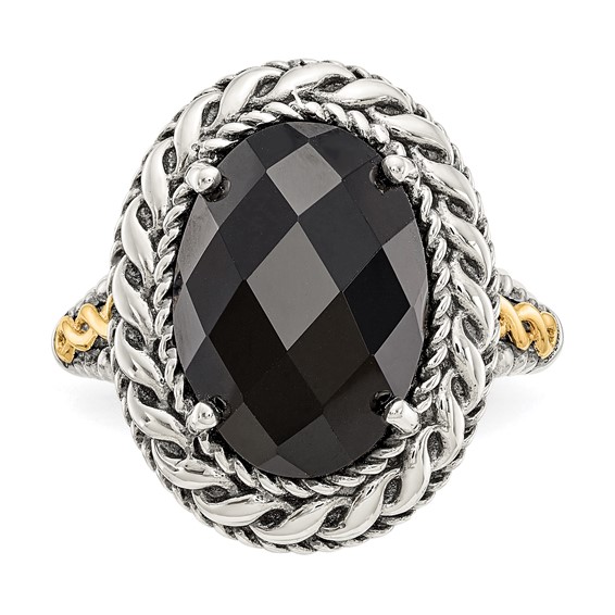Shey Couture Sterling Silver with 14K Accent Antiqued Checkerboard-cut Black Onyx Ring