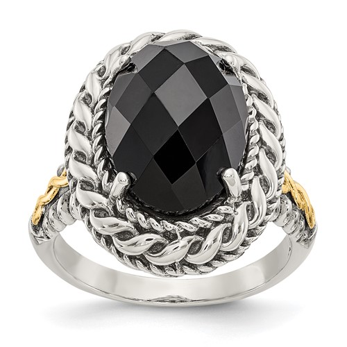 Shey Couture Sterling Silver Ring with 14K Accent Antiqued Checkerboard-cut Black Onyx
