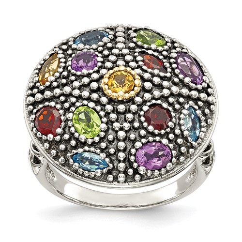 Shey Couture Sterling Silver Ring with 14K Accent Antiqued.43 Amethyst.19 Citrine.32 Blue Topaz.32 Peridot.35 Garnet