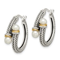 Shey Couture Sterling Silver Earrings with 14K Accent Antiqued 4mm Freshwater Cultured Pearl Hoop view 2