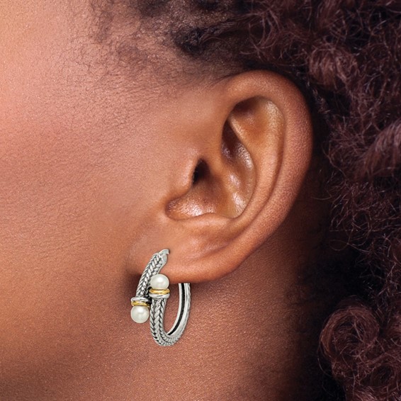 Shey Couture Sterling Silver with 14K Accent Antiqued 4mm Freshwater Cultured Pearl Hoop Earrings
