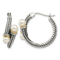 Shey Couture Sterling Silver Earrings with 14K Accent Antiqued 4mm Freshwater Cultured Pearl Hoop view 1