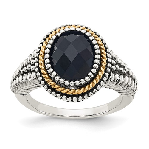 Shey Couture Sterling Silver Ring with 14K Accent Antiqued Checkerboard-cut Black Onyx