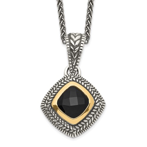 Shey Couture Sterling Silver Necklace with 14K Accent Antiqued Checkerboard-cut Black Onyx, 18"