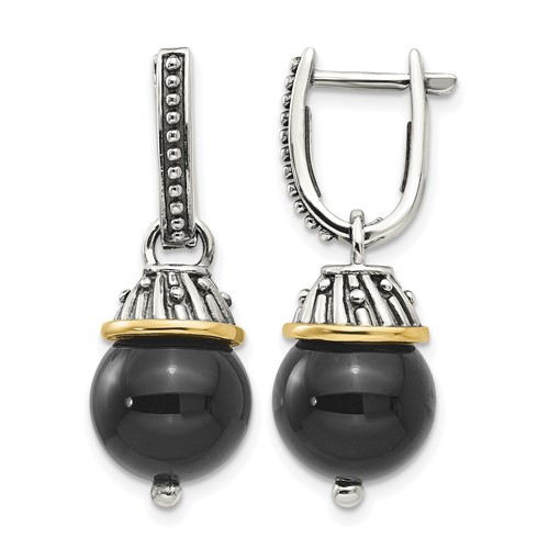 Shey Couture Sterling Silver Earrings with 14K Accent Antiqued Black Onyx Hinged Hoop Dangle