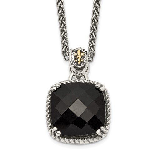 Shey Couture Sterling Silver Necklace with 14K Accent Antiqued Checkerboard-cut Black Onyx, 18"
