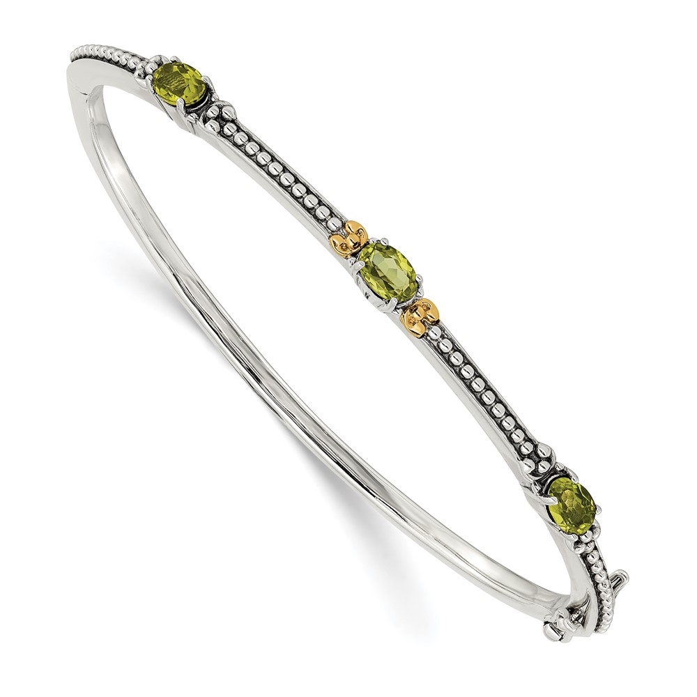 Shey Couture Sterling Silver Bangle with 14K Accent Antiqued Oval Peridot Hinged