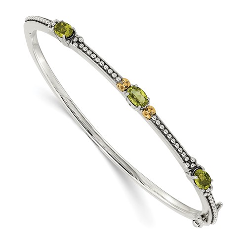 Shey Couture Sterling Silver Bangle with 14K Accent Antiqued Oval Peridot Hinged