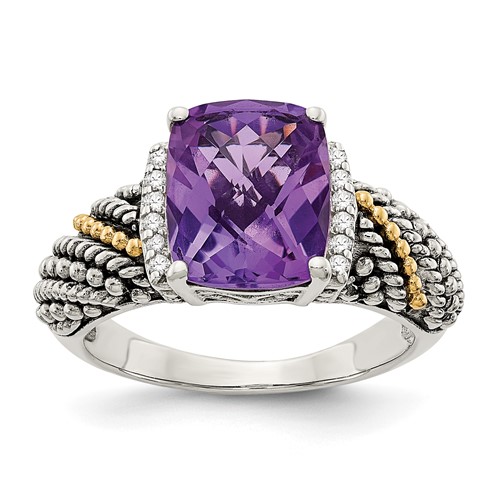 Shey Couture Sterling Silver Ring with 14K Accent Antiqued Diamond and Cushion Amethyst