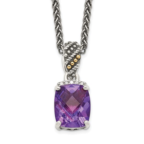 Shey Couture Sterling Silver Necklace with 14K Accent Antiqued Diamond and Checkerboard-cut Cushion Amethyst, 18"