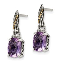Shey Couture Sterling Silver Earrings with 14K Accent Antiqued Diamond and Cushion Amethyst Dangle Post view 2