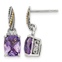 Shey Couture Sterling Silver Earrings with 14K Accent Antiqued Diamond and Cushion Amethyst Dangle Post view 1