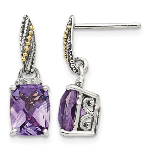 Shey Couture Sterling Silver Earrings with 14K Accent Antiqued Diamond and Cushion Amethyst Dangle Post