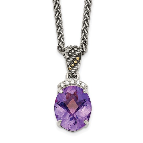 Shey Couture Sterling Silver Necklace with 14K Accent Antiqued Checkerboard-cut Oval Amethyst and Diamond, 18"