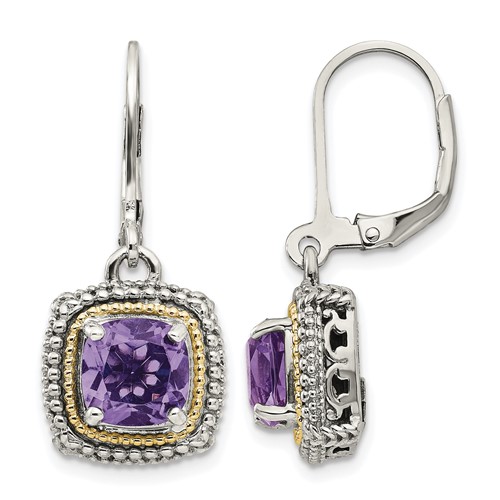 Shey Couture Sterling Silver Earrings with 14K Accent Antiqued Cushion Amethyst Leverback