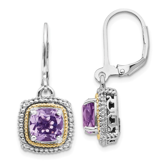Shey Couture Sterling Silver with 14K Accent Antiqued Cushion Amethyst Leverback Earrings