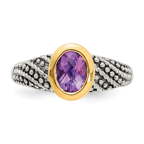 Shey Couture Sterling Silver with 14K Accent Antiqued Oval Bezel Amethyst Ring