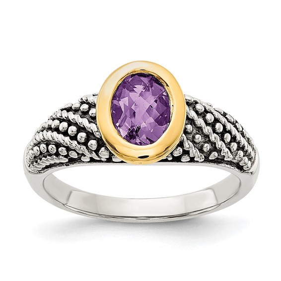 Shey Couture Sterling Silver with 14K Accent Antiqued Oval Bezel Amethyst Ring