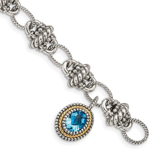 Shey Couture Sterling Silver Bracelet with 14K Accent Antiqued Oval Light Swiss Blue Topaz, 7.5"