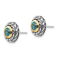 Shey Couture Sterling Silver with 14K Accent Antiqued Round Bezel Light Swiss Blue Topaz Post Earrings view 2