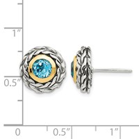 Shey Couture Sterling Silver with 14K Accent Antiqued Round Bezel Light Swiss Blue Topaz Post Earrings view 4