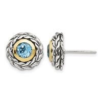 Shey Couture Sterling Silver with 14K Accent Antiqued Round Bezel Light Swiss Blue Topaz Post Earrings view 1