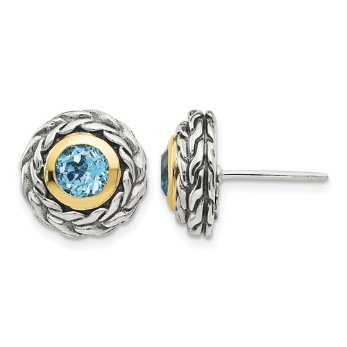 Shey Couture Sterling Silver Earrings with 14K Accent Antiqued Round Bezel Light Swiss Blue Topaz Post
