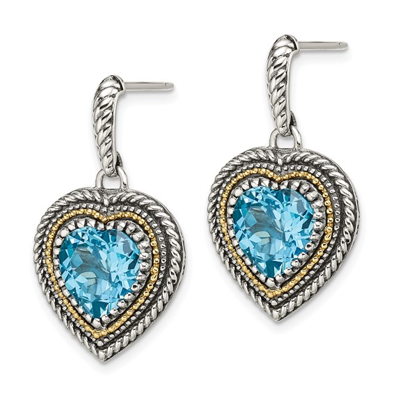 Shey Couture Sterling Silver with 14K Accent Antiqued Light Swiss Blue Topaz Heart Dangle Post Earrings