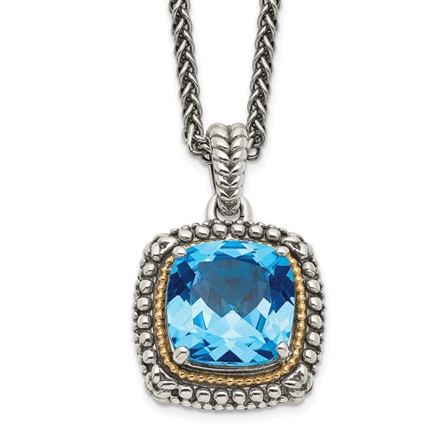 Shey Couture Sterling Silver Necklace with 14K Accent Antiqued Cushion Light Swiss Blue Topaz, 18"