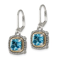 Shey Couture Sterling Silver with 14K Accent Antiqued Cushion Light Swiss Blue Topaz Leverback Dangle Earrings view 2