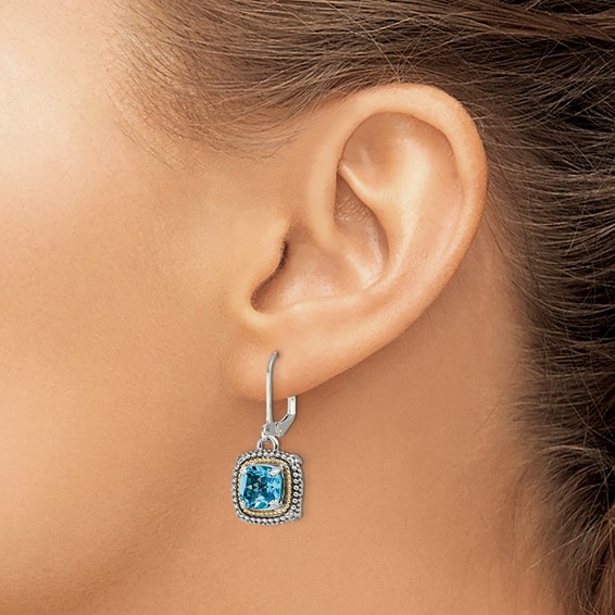 Shey Couture Sterling Silver with 14K Accent Antiqued Cushion Light Swiss Blue Topaz Leverback Dangle Earrings