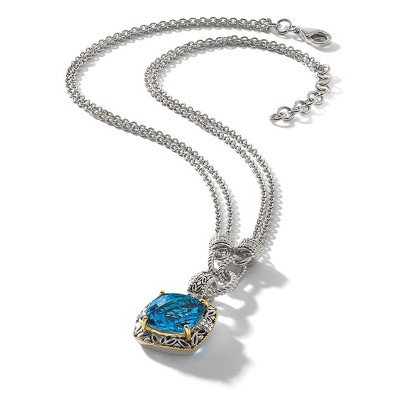 Shey Couture Sterling Silver with 14K Accent 17 Inch Antiqued Cushion London Blue Topaz and Diamond Plus 1in. Ext. Necklace