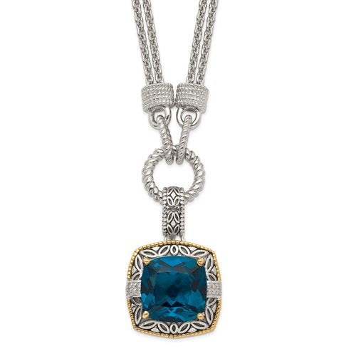 Shey Couture Sterling Silver Necklace with 14K Accent Antiqued Cushion London Blue Topaz and Diamond Plus 1in Ext., 17"