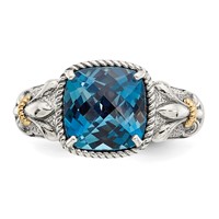 Shey Couture Sterling Silver Ring with 14K Accent Antiqued Checkerboard Cushion London Blue Topaz view 5
