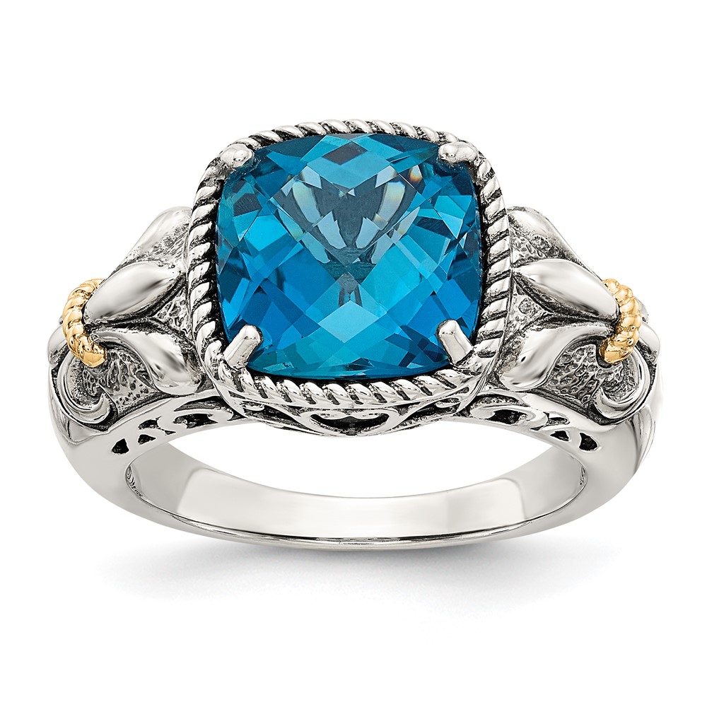 Shey Couture Sterling Silver Ring with 14K Accent Antiqued Checkerboard Cushion London Blue Topaz