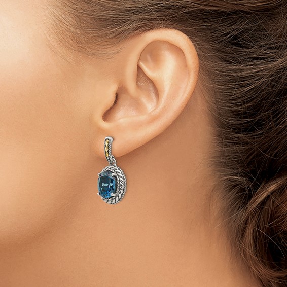 Shey Couture Sterling Silver with 14K Accent Antiqued Oval London Blue Topaz Post Dangle Earrings