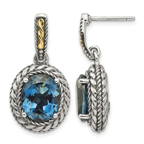 Shey Couture Sterling Silver Earrings with 14K Accent Antiqued Oval London Blue Topaz Post Dangle