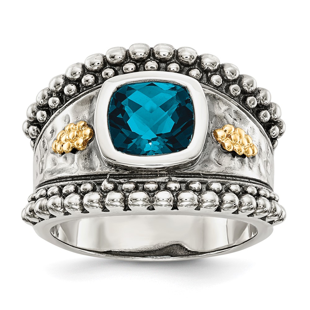 Shey Couture Sterling Silver Ring with 14K Accent Antiqued Checkerboard Cushion London Blue Topaz