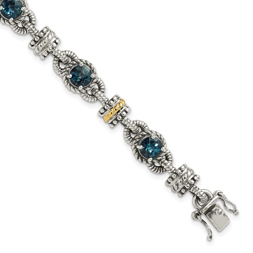 Shey Couture Sterling Silver Bracelet with 14K Accent Antiqued Round London Blue Topaz, 7.25"