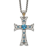 Shey Couture Sterling Silver Necklace with 14K Accent Antiqued Round London Blue Topaz Cross, 18" view 1