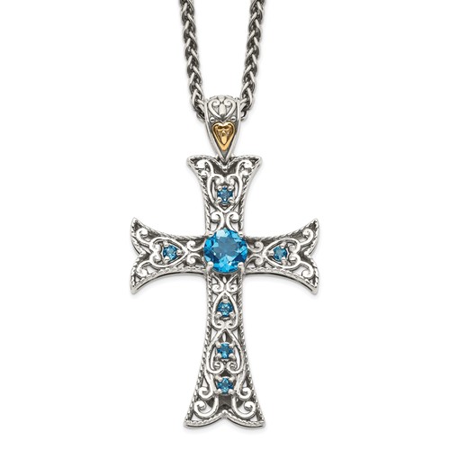 Shey Couture Sterling Silver Necklace with 14K Accent Antiqued Round London Blue Topaz Cross, 18"