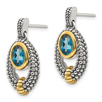 Shey Couture Sterling Silver Gold-tone Flash Gold-plated Antiqued Oval Bezel London Blue Topaz Post Dangle Earrings view 2