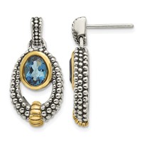 Shey Couture Sterling Silver Gold-tone Flash Gold-plated Antiqued Oval Bezel London Blue Topaz Post Dangle Earrings view 1