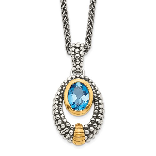 Shey Couture Sterling Silver Gold-tone Flash Gold-plated Antiqued Oval London Blue Topaz Necklace, 18"