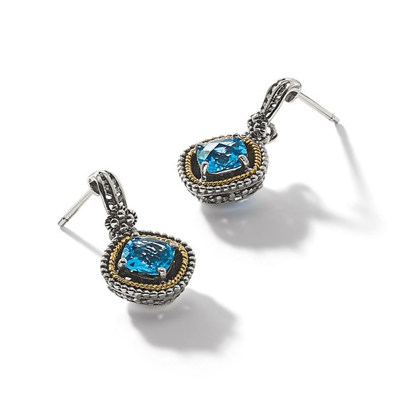 Shey Couture Sterling Silver with 14K Accent Antiqued Cushion London Blue Topaz Post Dangle Earrings