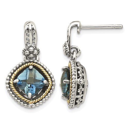 Shey Couture Sterling Silver Earrings with 14K Accent Antiqued Cushion London Blue Topaz Post Dangle