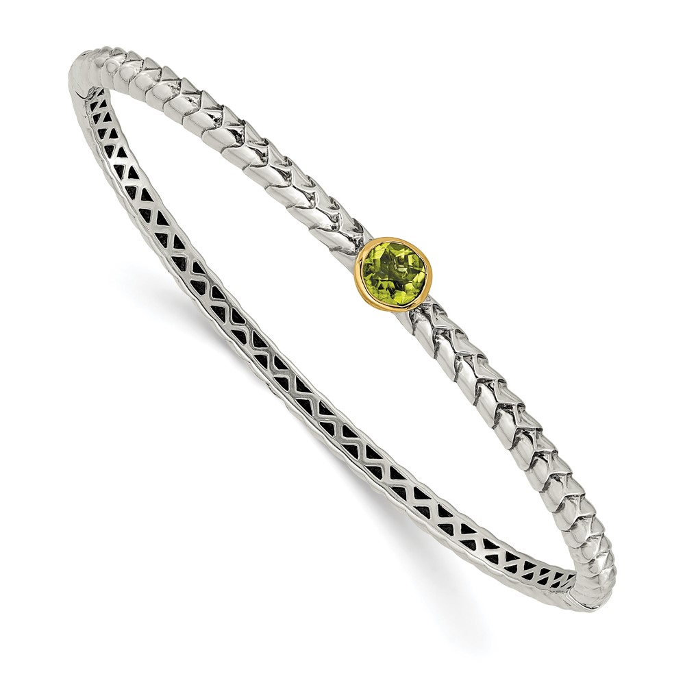 Shey Couture Sterling Silver Bracelet with 14K Accent Peridot Round Bezel Hinged Bangle