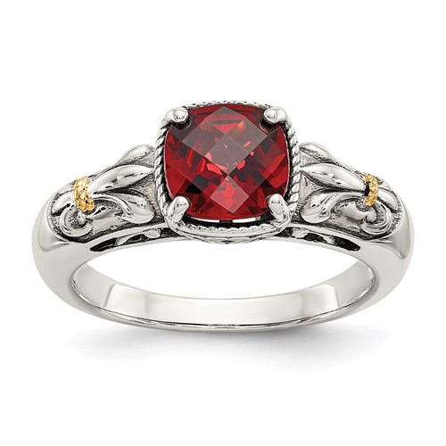 Shey Couture Sterling Silver Ring with 14K Accent Antiqued Cushion Checkerboard Garnet