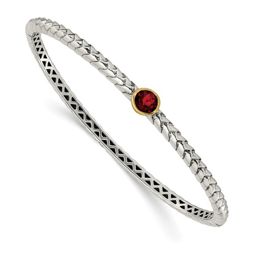 Shey Couture Sterling Silver Bracelet with 14K Accent Antiqued Round Bezel Garnet Bangle